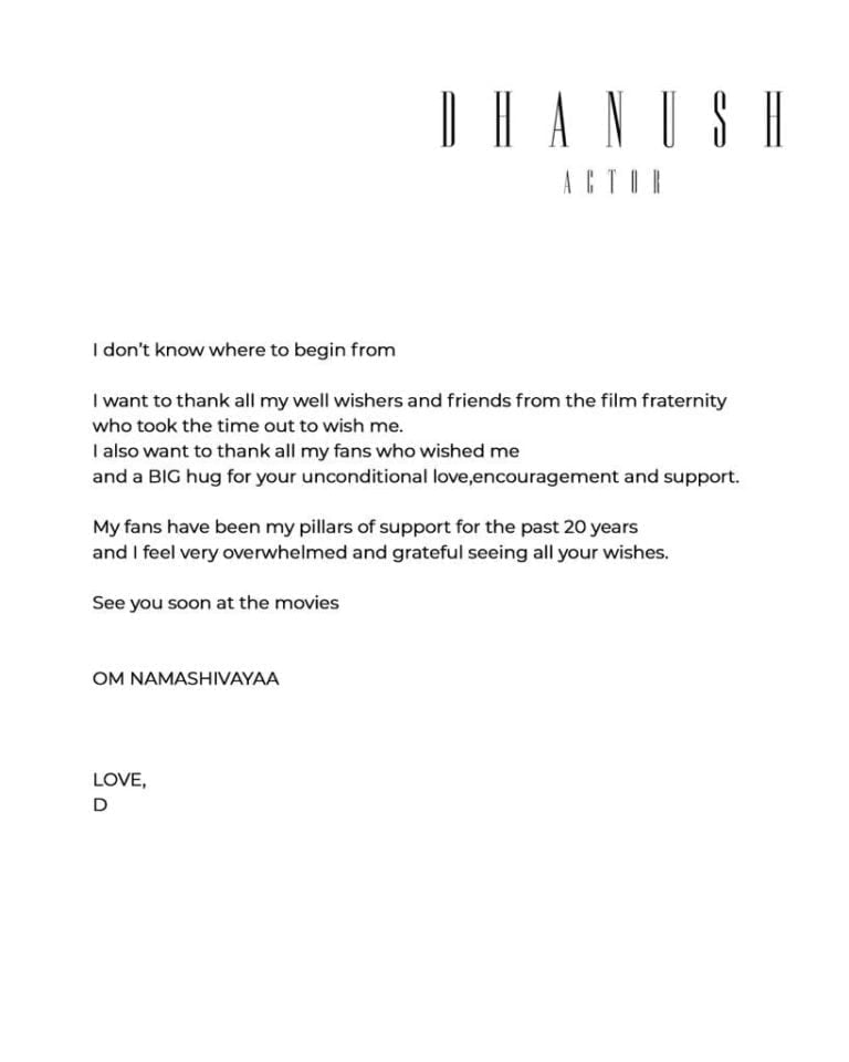 Super Star Dhanush Thanked Fans