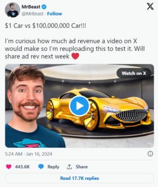 MrBeast Unveils Astonishing Ad Revenue Generated from Twitter and X Video Platform
