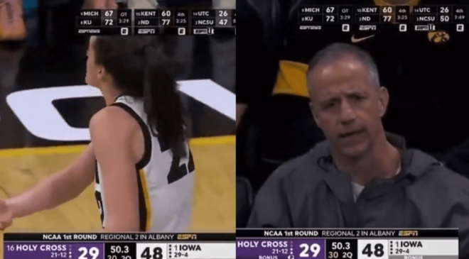 Read more about the article Caitlin Clark’s Father Intervenes to Soothe Her During Heated Moments in Iowa’s Victory Over Holy Cross