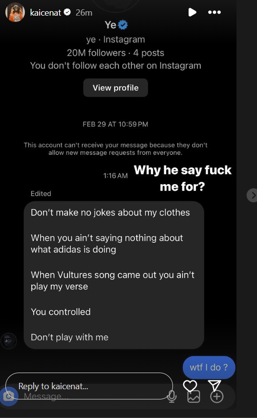 Kanye West Messaged Kai Cenat telling him not to make jokes about his clothes