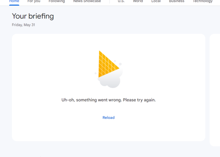 Google News Faces Technical Error: "Uh-oh! Something Went Wrong. Please Try Again."