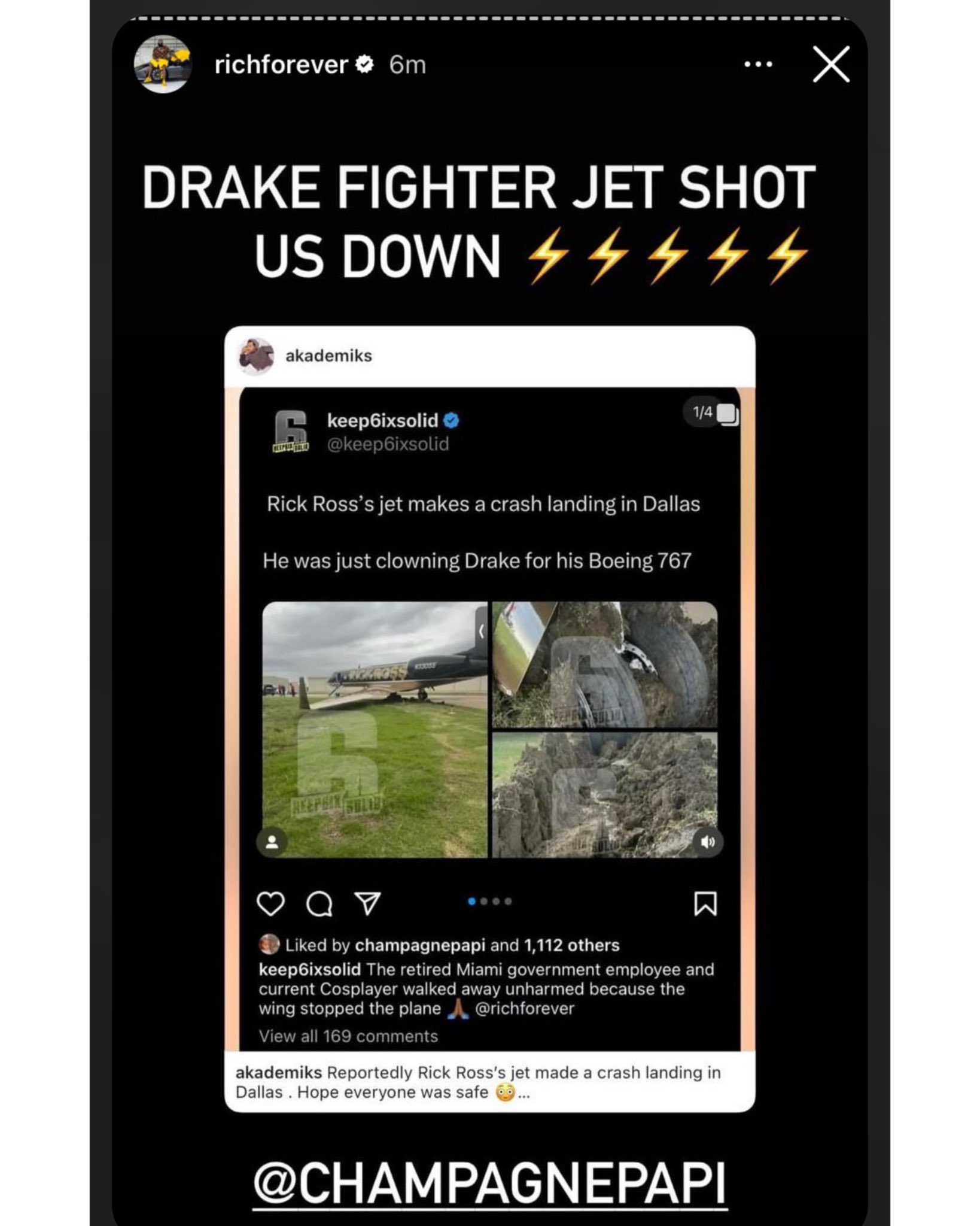 Rick Ross's jet reportedly crash-landed in Dallas, and Drake liked the post